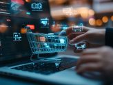 Representación conceptual de ecommerce con iconos de carrito de compra, pagos digitales y logística de ventas online.
