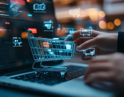 Representación conceptual de ecommerce con iconos de carrito de compra, pagos digitales y logística de ventas online.