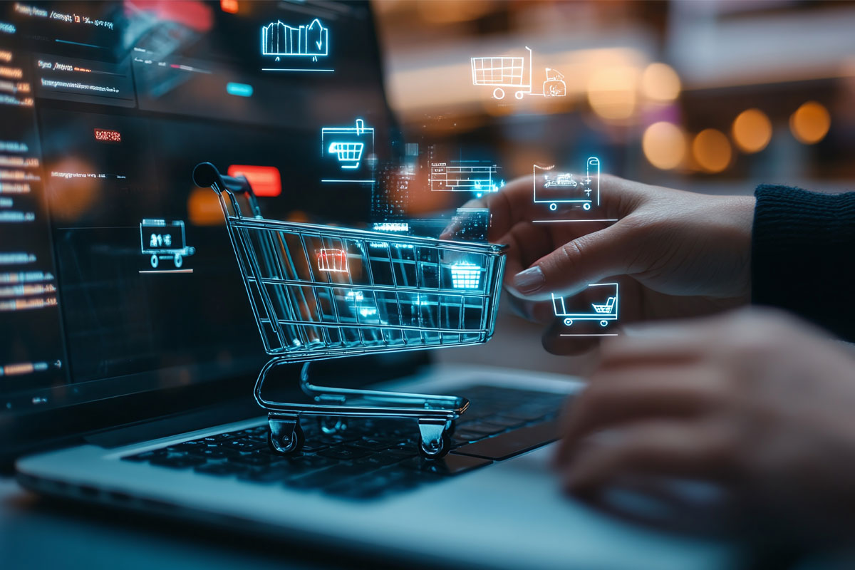 Representación conceptual de ecommerce con iconos de carrito de compra, pagos digitales y logística de ventas online.