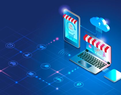 Ilustración isométrica de dispositivos conectados a la nube y plataformas de comercio electrónico, representando la importancia del hosting para la disponibilidad empresarial 24/7.