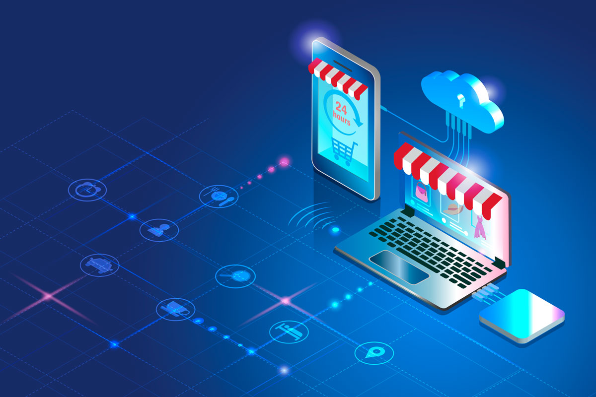 Ilustración isométrica de dispositivos conectados a la nube y plataformas de comercio electrónico, representando la importancia del hosting para la disponibilidad empresarial 24/7.