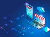 Ilustración de hosting web y tienda online conectada en la nube para empresas y negocios digitales.
