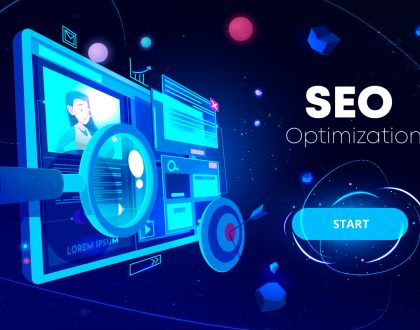 Ilustración digital sobre optimización SEO para empresas en Bolivia, mostrando una pantalla con métricas analíticas, una lupa de auditoría técnica y un objetivo con una flecha que simula la atracción de clientes.
