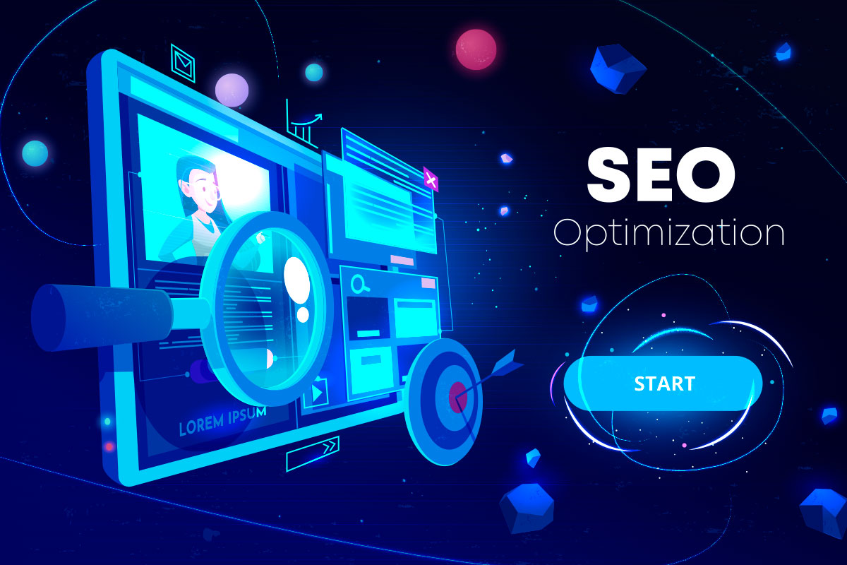 Ilustración digital sobre optimización SEO para empresas en Bolivia, mostrando una pantalla con métricas analíticas, una lupa de auditoría técnica y un objetivo con una flecha que simula la atracción de clientes.